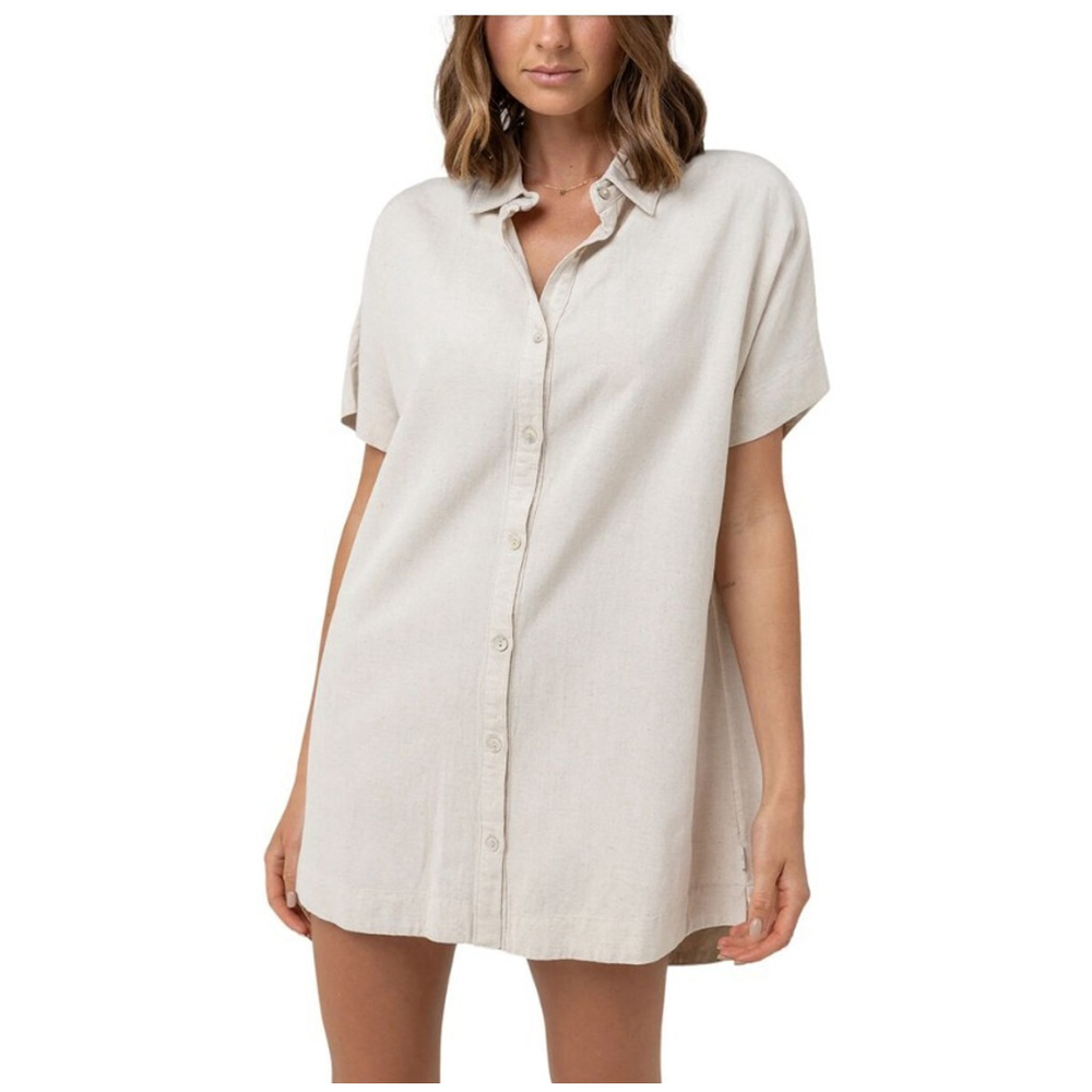 NEW Rhythm Linen Blend Shirt Dress In Sand Womens XS Coastal Lagenlook
